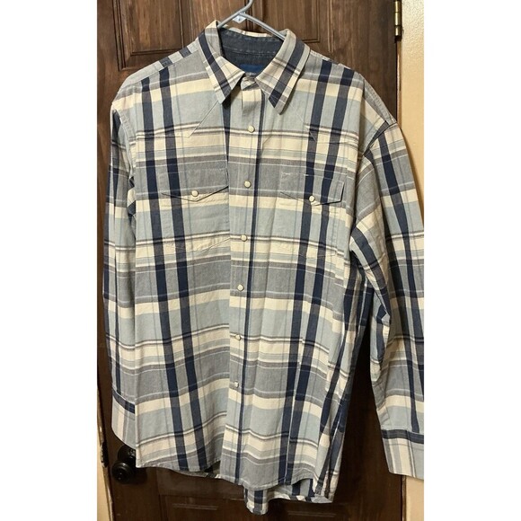 Wrangler Other - Wrangler Mens Large Light Blue Plaid Pearl Snap Western Shirt Long Sleeve